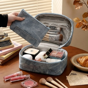 Double-layer denim texture makeup bag travel organizer with large capacity and inner slots