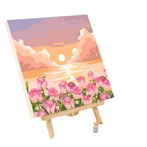 DIY paint by numbers kit featuring a sunset beach and pink flower landscape with easel