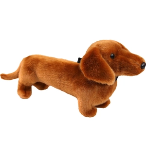 Realistic brown dachshund plush toy with soft fur and black collar on white background