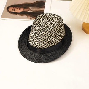 Classic black and white patterned straw fedora hat for summer beach and outdoor sun protection