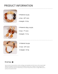 Detailed size chart for amber acrylic jewelry set including necklace, bracelet and earrings