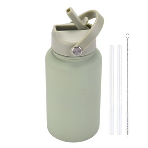 650ml green stainless steel insulated sports bottle with carry handle and cleaning brush