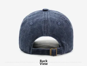 Detailed back view of vintage washed navy cotton baseball cap with adjustable metal buckle