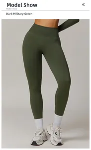 Detail shot of high-waist seamless yoga pants in dark army green on model