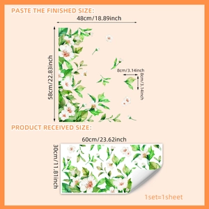 Static green plant floral window stickers showing dimensions and home decoration effects