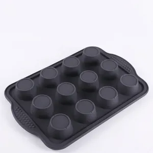 Deep grey 12-cup silicone muffin mold with non-slip handles for oven baking cakes
