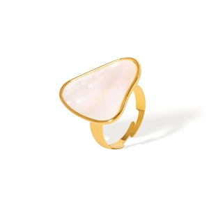 Exaggerated golden flower geometric ring with white triangular pearl inlay and open band