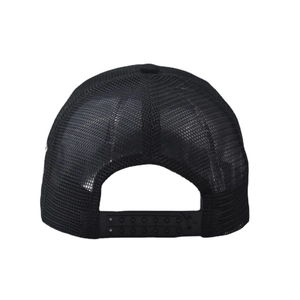 Detailed back view of a black mesh trucker hat with an adjustable snapback closure