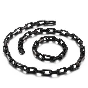 Black 10mm steel chain necklace and bracelet set with textured links on white background