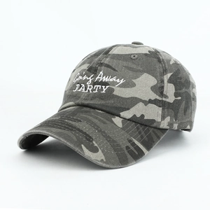 Camo baseball cap with white Going Away PARTY letter embroidery and a curved brim