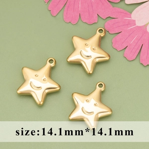 Three gold stainless steel star charms with smiley faces, size 14.1mm for DIY jewelry