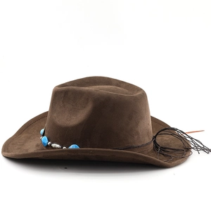 Detail of dark brown suede cowboy hat with braided cord and blue turquoise bead trim