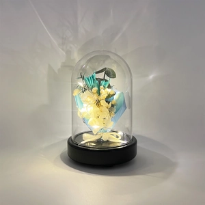 Detail of preserved flowers with LED lights inside a clear dome on black wood base