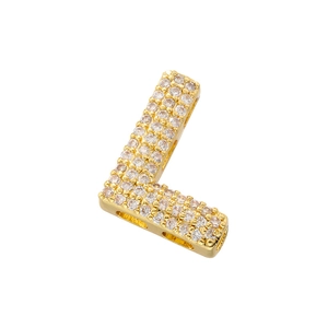 Close-up of golden letter L pendant with micro-paved cubic zirconia and side holes