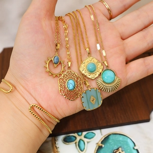 Vintage bohemian style necklaces with blue natural stones and hollow flower pendants