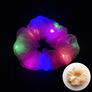 Détail d'un chouchou LED en mesh avec effets lumineux colorés sur fond noir intense