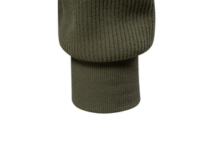 Close-up of ribbed knit cuffs on army green half-zip sweatshirt for men's fashion