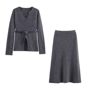 Women's dark gray knit two-piece set featuring V-neck long sleeve top and midi A-line skirt