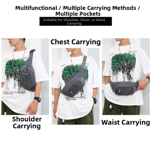 Three-way carry demonstration of a multi-pocket waterproof sports waist bag in grey