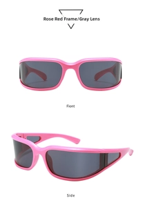 Front and side views of rose red punk sunglasses with wide wrap lenses and side cut-outs