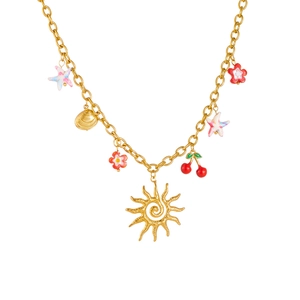 Collier doré en acier inoxydable avec pendentifs soleil, étoile de mer, fleurs et cerises