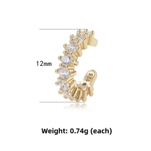 Detailed view of gold S925 silver C-shaped ear cuff with zircon and 12mm size markers