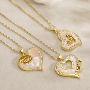 Heart Pendant Necklace Gold Plated Copper With MOM Letter Shell And Cubic Zirconia Elegant Gift For Mother Women