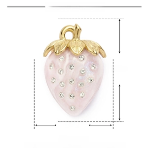 Detailed dimensions of pink strawberry resin pendant with rhinestones and steel loop