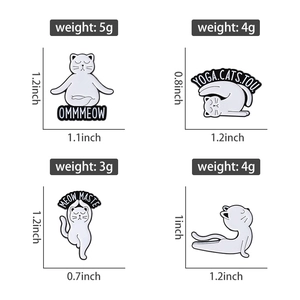 Detailed size and weight specifications for four cartoon yoga cat enamel lapel pins