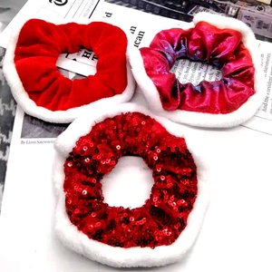 Christmas hair scrunchies set in festive red velvet and sequins with white faux fur trim