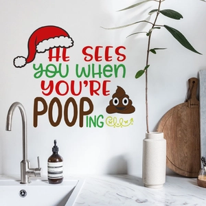 Funny Santa hat poop emoji toilet sticker with He Sees You When You Are Pooping text