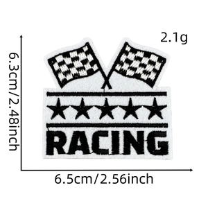 Detailed size specifications for racing theme embroidery patch with 6.5cm x 6.3cm dimensions