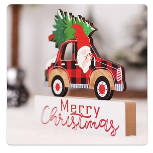 Detail of wooden Christmas car and Santa gnome ornament with Merry Christmas text