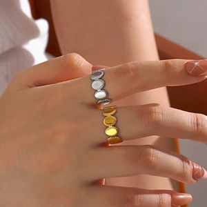 Stainless Steel Oval Linked Ring Gold Plated Beaded Edge Adjustable Open Band Geometric Hip Hop Retro Style For Women