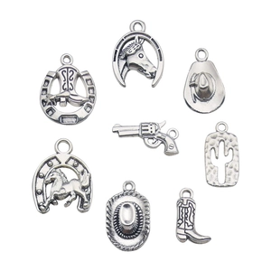 Retro silver alloy cowboy charms set featuring boots, hats, and cactus for DIY jewelry
