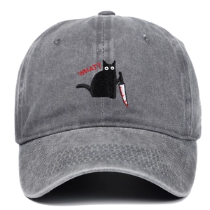 Dunkelgraue gewaschene Jeans-Baseballkappe mit lustigem schwarze Katze-Stickerei