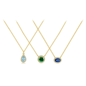 Three elegant s925 silver gold necklaces with pear, round and oval colorful gemstones