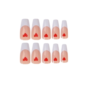 French tip coffin press on nails with red heart pattern on flesh pink base 10pcs set