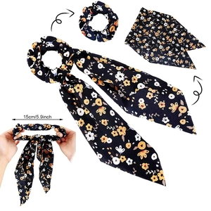 Detail of floral scrunchie set with dimensions showing 15cm stretch and soft fabric