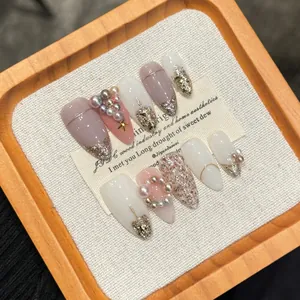 Handmade Press On Nails Lotus Pink White Gradient With 3D Artificial Pearls Glitter Star Rivets French Long Almond Shape Elegant Women