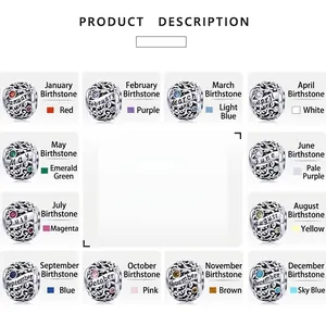 Set of 12 S925 sterling silver birthstone charms with hollow carvings and month engraving