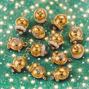 Polished gold stainless steel bell pendants with sparkling rhinestones for DIY jewelry