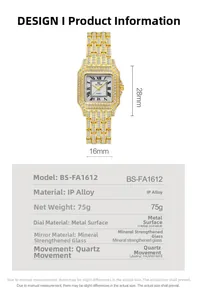 Detailed specs of gold square quartz watch with crystal setting and Roman numerals