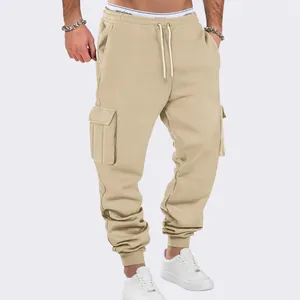 Men Cargo Sweatpants Fleece Multi Pockets Drawstring Joggers Casual American Streetwear Pants