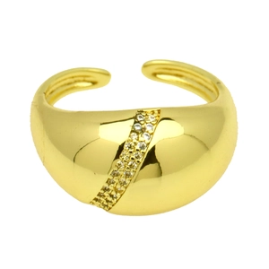 Minimalist gold plated open ring with diagonal micro-inlaid zircon stones on white base