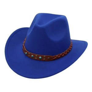 Chapeau de cowboy classique en feutre de laine bleu marine avec ruban en cuir tressé