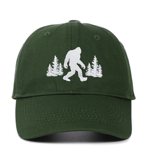 Dark green washed cotton baseball cap with white Bigfoot and pine trees embroidery