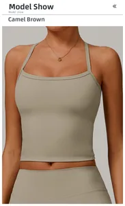 Detail of camel brown cropped yoga vest with square neck and thin shoulder straps