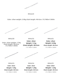 Detailed catalog of S925 sterling silver chain styles including box and snake textures