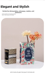 Detailed view of book-shaped ceramic vases featuring classic literature illustrations